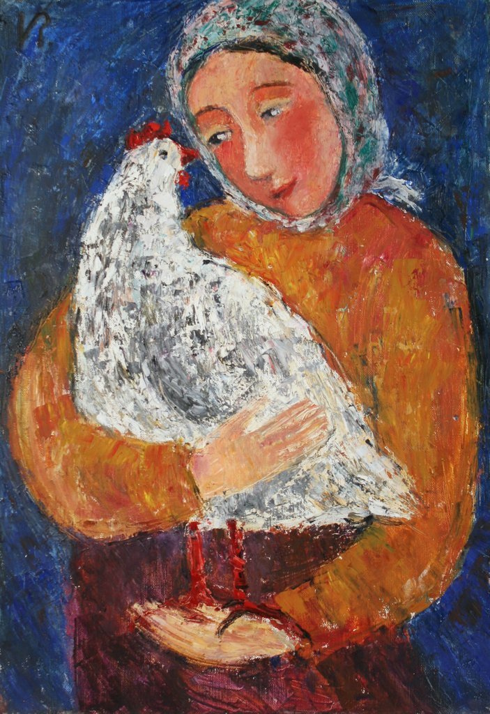 406) 20TH C. CONTINENTAL SCHOOL PEASANT WOMAN: possibly by Otto Van Rees (Dutch, 1884-1957), Peasant woman holding a rooster, oil on canvas, 21 1/2" x 15", signed with conjoined monogram "VR" upper right.