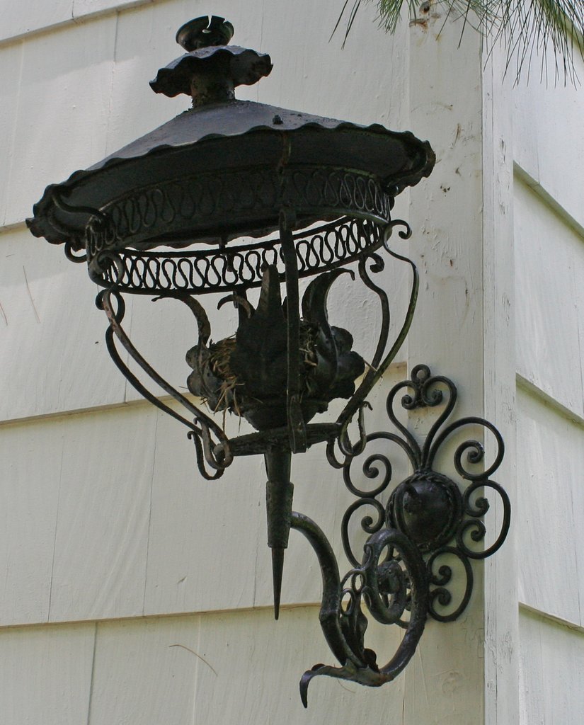488) PAIR L.19/E. 20TH C. WROUGHT IRON WALL SCONCES: W/ ELABORATE SCROLL AND DOMED TOP, 2-PC. CONSTRUCTION, H. 27", D. 15"