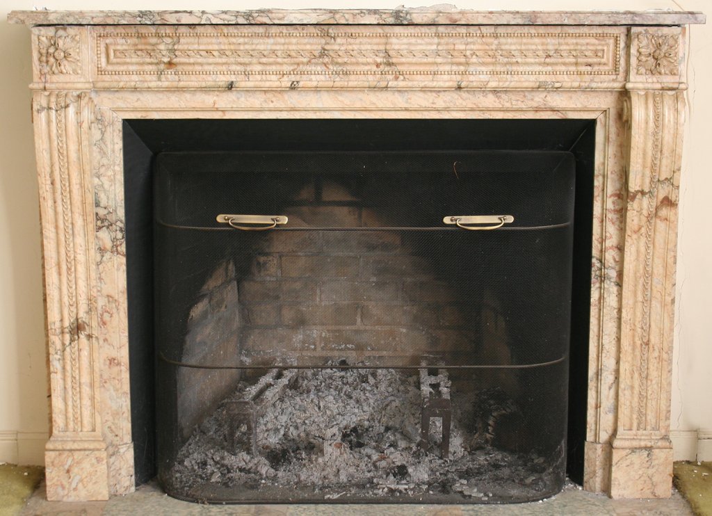 491) LOUIS XVI-STYLE BRECHE D' ESCALETTE MARBLE: FIREPLACE MANTEL, PROV.: PURCHASED BY CURRENT OWNER'S LATE FATHER FROM WM. H. JACKSON & CO.IN 1972, SHELF: L. 59 ½", D. 13 ¾", H. 44", OPENING 42 X 34 ½" W/ ORIGINAL INSTALLATION DRAWING AND BILL O