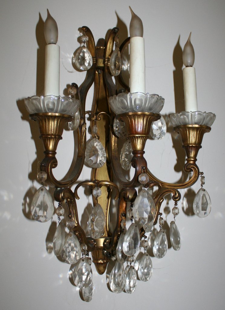 500) PAIR BRASS & CRYSTAL 3-LITE WALL SCONCES OF: BIRD CAGE FORM, H. 18", W. 12"