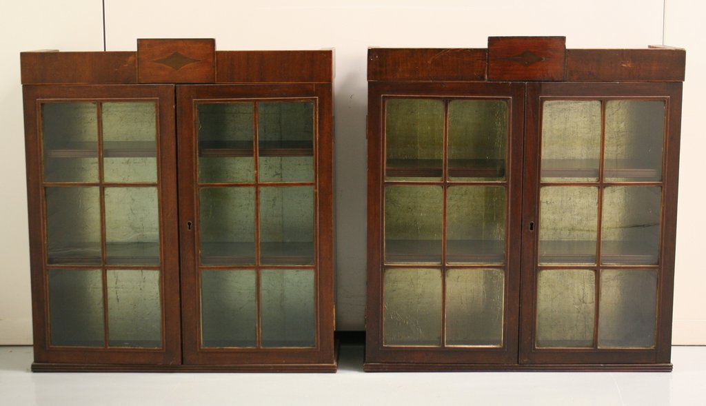 511) TWO SIMILAR INLAID HANGING WALL CABINETS W/: GLAZED MULLIONED DBL. DOORS, 1-19TH C. OTHER 20TH C. COPY, H. 24", W. 22", D. 7 ¼"