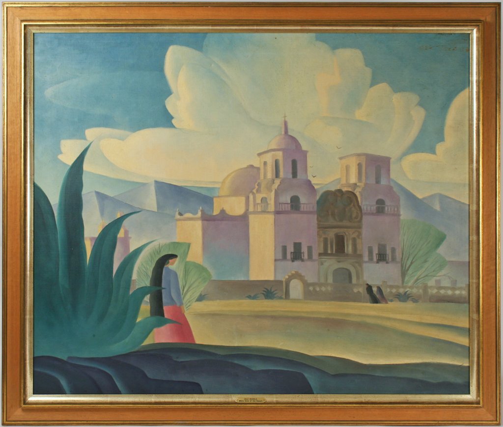515) DALE WILLIAM NICHOLS (American, 1904-1995),: "WHITE DOVE OF THE DESERT", View of Mission San Xavier Del Bac, Tucson, oil on canvas, sgd. l.l.,& d. 1953 titled on verso on canvas, also partial label on verso, 30 x 36"