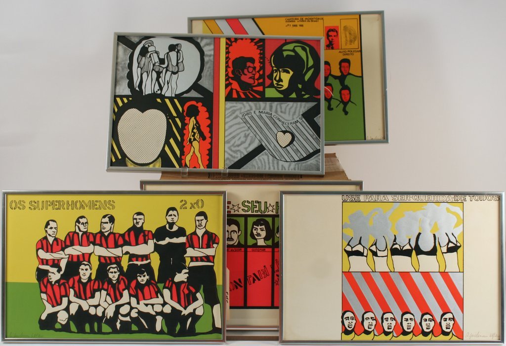 519) RUBENS GERCHMAN (Brazilian, 1942-2008), Five: colored serigraph prints, each signed and marked 68/200, including: Os Superhomens, Assegure Seu Futuro, Auto Polegar Direito, Use Para Ser Querida de Todos, and Joao E Maria Conheceram Se , prov.: pu