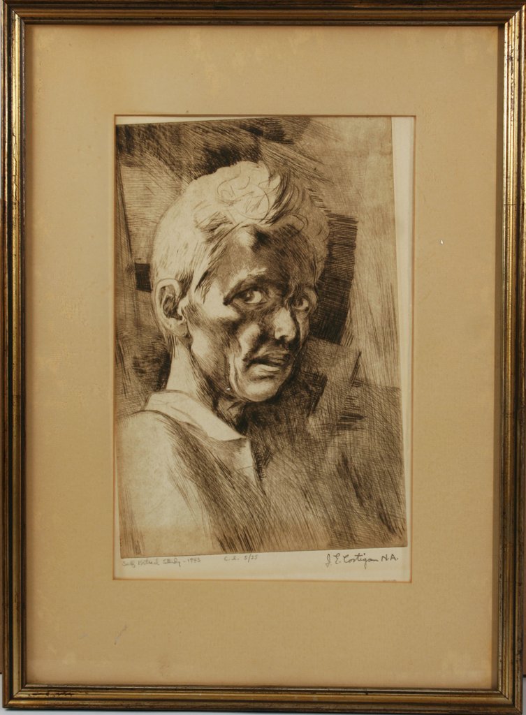 595) JOHN E. COSTIGAN ETCHING, SGD. IN PENCIL FROM: ED. 5/25, "SELF PORTRAIT STUDY, 1943, SIGHT: 12 ½ X 8"