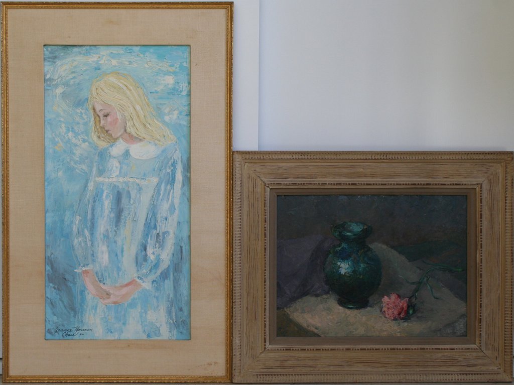 601) 4 PAINTINGS: DELBERT GISH (AMER. B. 1936--) O/B,: ON BOARD, STILL LIFE W/ VASE AND ROSE, APPROX. 16" X 20" AND JEANNE NORMAN CHASE, ( 20th C. AMERICAN; SPOKANE, WASHINGTON) "PENSIVE" OIL ON CANVAS, ¾ LENGTH PORTRAIT OF A GIRL, 23 1/2" X 11 1/2"; SIG