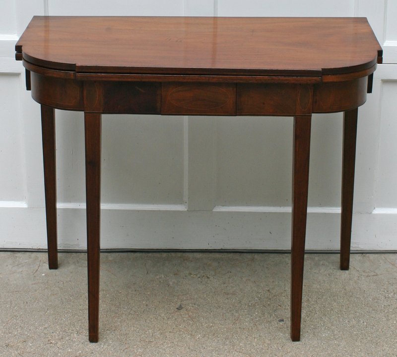634) E. 19TH C. SHERATON MAHOGANY INLAID GAMES TABLE,: SGD. IN CHALK ON UNDERSIDE "CALDWELL HOWARD", H. 29", W. 35", D. 18"