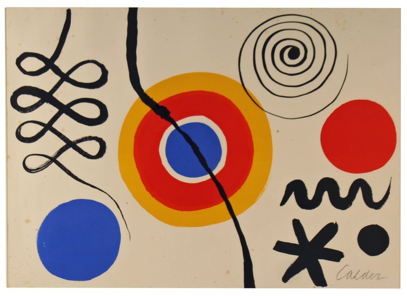 642) ALEXANDER CALDER, COLOURED LITHO., "TARGET &: SIGN", PRINT 1969 BY MAEGHT, PARIS , NUMBERED 376C ON VERSO, INDICATES #8 OF ARTIST PROOF, W/ORIGINAL BILL OF SALE FROM NICHOLAS GUPPY, LONDON ENG., W/ FOXING, 20 ½ X 29" (SIGHT)