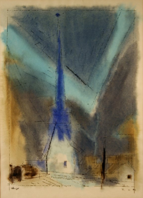 647) LYONEL FEININGER COLOURED LITHO., "THE GOTHIC ): SPIRE", 18 X 13" (SIGHT)