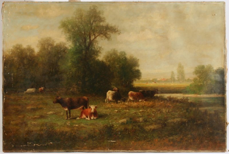 655) WESLEY ELBRIDGE WEBBER (AMER. 1841-1914),: Landscape with cows in a field, oil on canvas, 24" x 36", signed lower left.