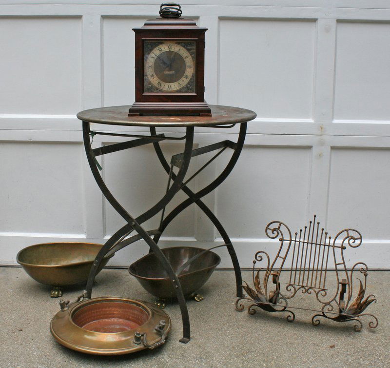 682) 6 PC. LOT - a round folding metallic tea table,: H: 28" D: 24", 2 footed basins, one brazier, 1 scrolled music stand, and electric Seth Thomas bracket clock