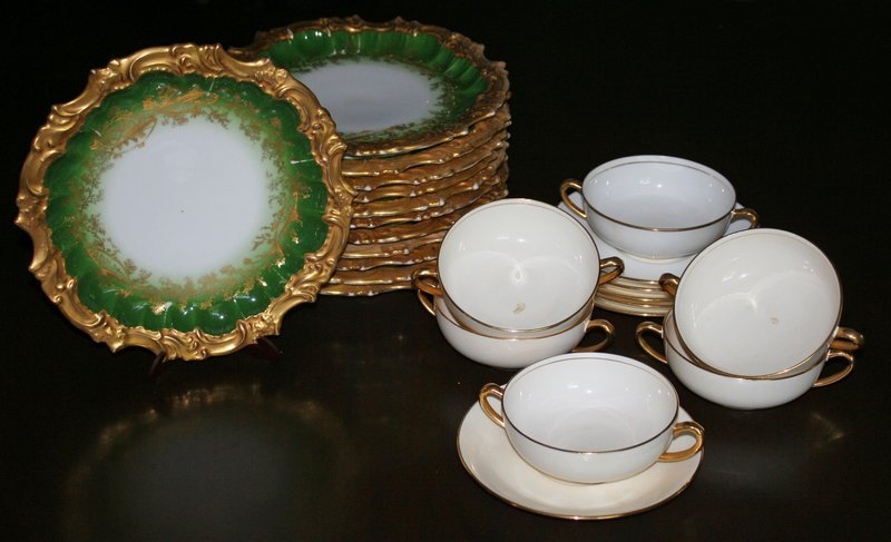 704) SET 6 MINTON TWO HANDLE CREAM SOAP CUPS &: 704) SET 6 MINTON TWO HANDLE CREAM SOAP CUPS & SAUCERS, STRAWBERRY COLOURED MK; SET 12 LIMOGES FANCY FISH PLATES, DIA. 9 ½"
