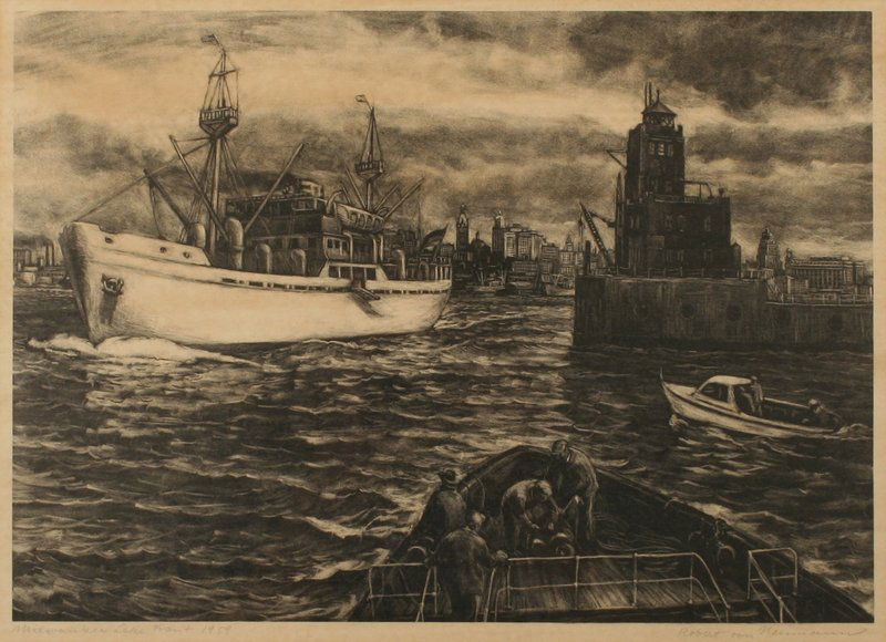 705) ROBERT VON NEUMANN (AMER 1888-1976) LITHOGRAPH,: "MILWAUKEE LAKE FRONT", 1959, PENCIL SIGNED & TITLED, 10" X 14 1/2" (SIGHT), NOT EXAMINED OUT OF FRAME, FOXING ON OUTER EDGE OF MAT
