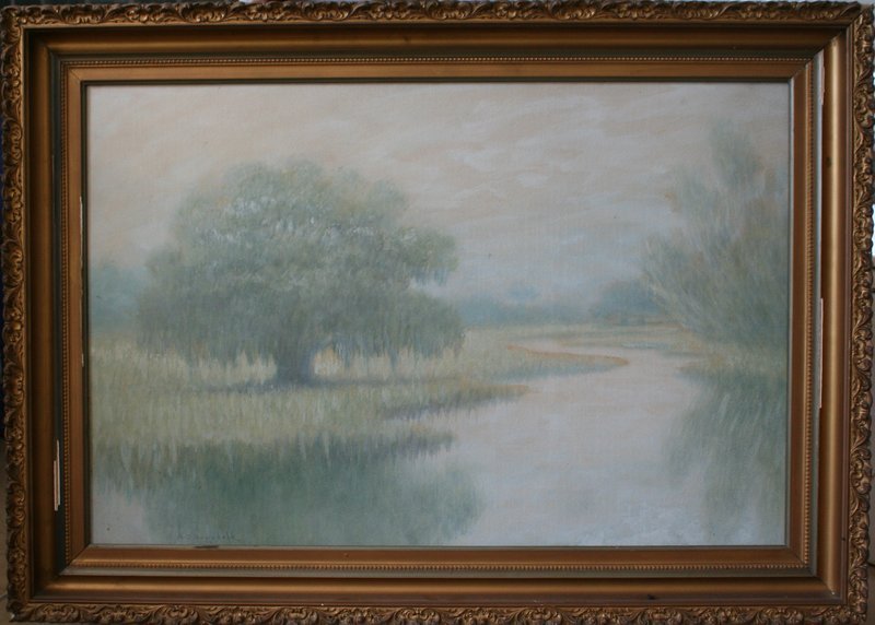 715) ALEXANDER JOHN DRYSDALE (American, 1870-1934),: Bayou landscape at dusk, oil wash on paper, 19 1/2" x 29 1/2" signed lower left, framed under non glare glass