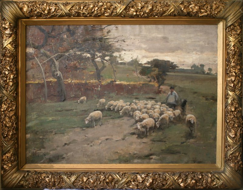 725) HARRY IVES THOMPSON (NEW HAVEN, CT. 1840-1906): "Bring home the flock, autumn", o/c, Shepherd and his Flock, sgd. lower left and titled on verso, oil on canvas, 29" x 36", in a period frame w/gilt metallic overlay