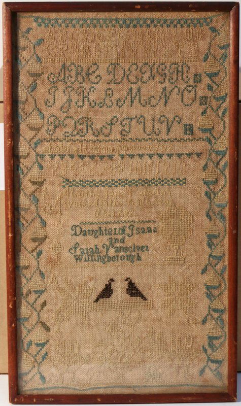 19TH CENTURY SAMPLER, with alphabet, "Daughter: of Isaac and Sarah Vansciver, Willingborough", 17" x 9 ½"