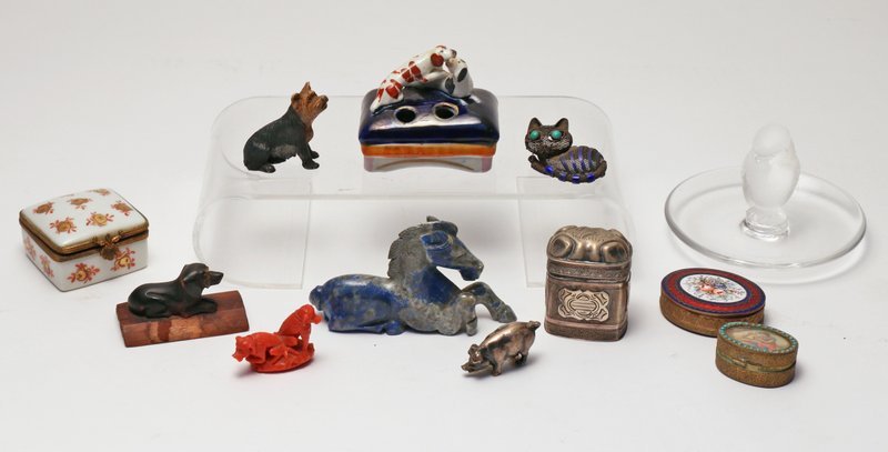 12 PCS. OBJET D'ART, including coral dog group,: lapis lazuli horse (l. 3 ¾"), silver pill box, silver pig, porcelain square box, porcelain box with dogs, wood carving of a dog, enameled cat-form pin, Italian box, cold-painted dog, French round ena