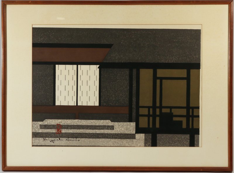 KIYOSHI SAITO (1907-1997): 2 WOODBLOCK PRINTS,: one depicting an interior and one showing a patio with stairs, each approx. 15" x 21" (sight)