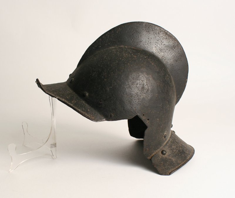 16TH/17TH CENTURY WROUGHT IRON BURGONET,: probably Spanish or Italian, L. 13", interior: 8 ½" x 7 ½"