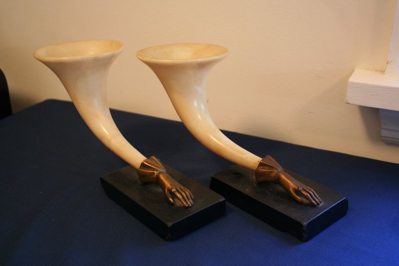 PAIR OF ALABASTER CORNUCOPIA-SHAPED VASES: with bronze hand-form terminals on slate plinths, H: 6" L: 10"
