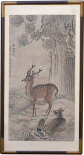 CHINESE SCROLL PAINTING OF DEER: 19th Century, mixed media on paper, signed, 84" x 45", with some flaking and losses