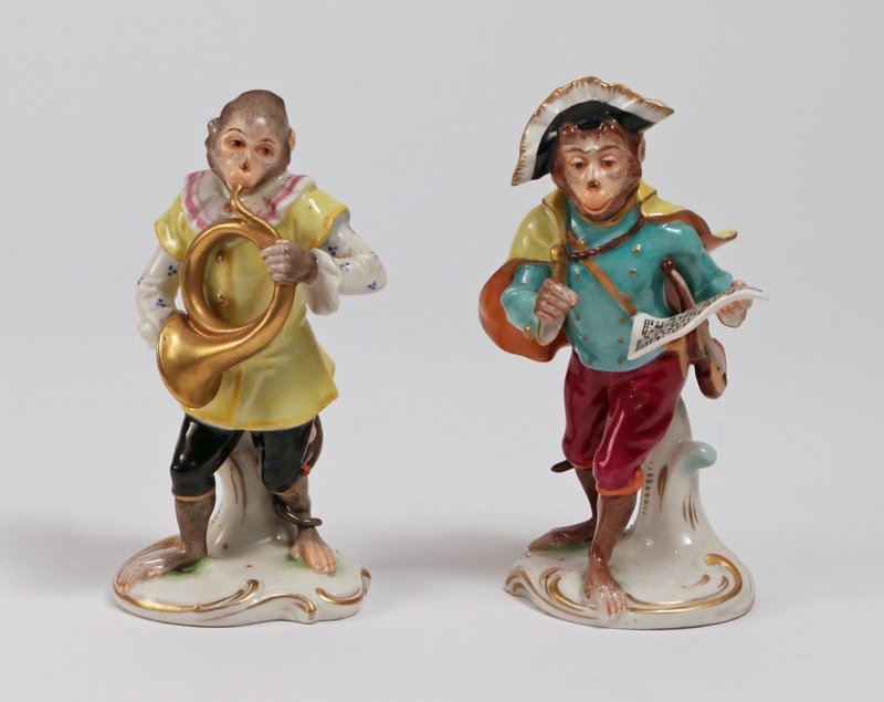 TWO DRESDEN FIGURINES OF MONKEYS: playing instruments, h. 6", one missing a violin bow