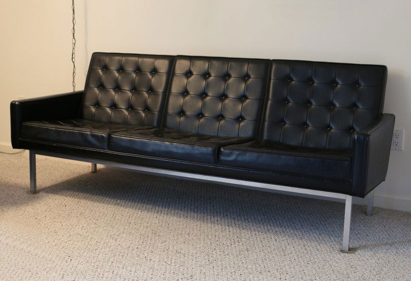 MID-CENTURY MODERN LEATHER & ALUMINUM SOFA,: probably by Jack Cartwright, h. 31" w. 77 ½" d. 29"