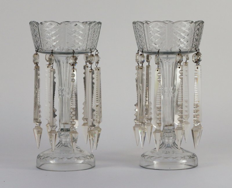 PAIR CRYSTAL MANTLE LUSTES: with large prism drops, one with a crack h. 13" dia. 6½"