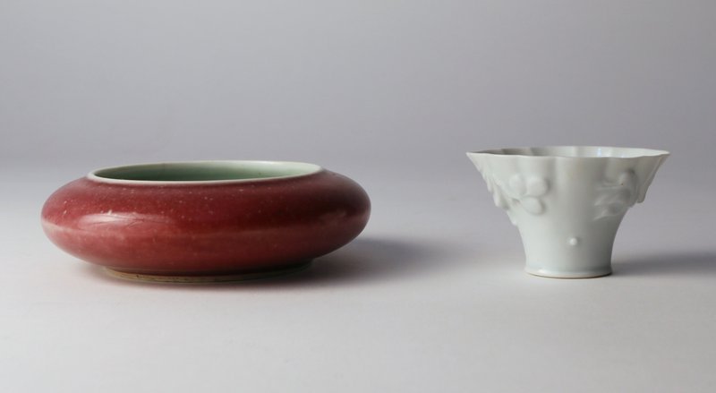 2 PCS. 19th CENTURY CHINESE CERAMICS,: including a blanc-de-chin libation cup, h. 1 ½", and a monochromatic brush washer, dia. 4 ½"