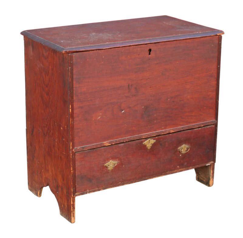 WILLIAM & MARY RED STAINED BLANKET CHEST: with fluted molding and a lower drawer, h. 33" w. 35" d. 16", pulls appear to be original