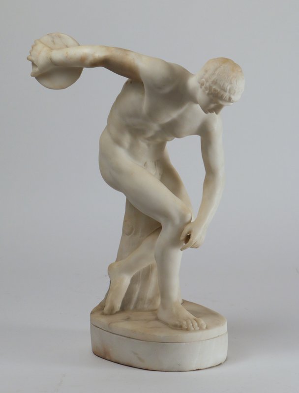 MARBLE FIGURE OF A DISCUS THROWER: h. 14", with a possible repair at the arm
