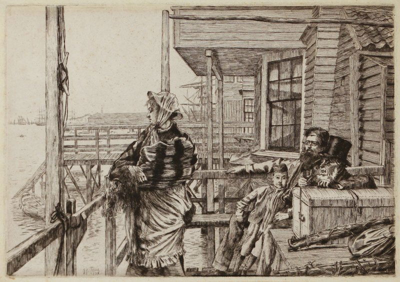 JAMES JACQUES JOSEPH TISSOT (French, 1836-1902),: Auberge des trois-corbeaux, etching, 1877, first state of three, on wove paper, from an edition of 25 of the first state, pencil inscribed "J.J. Tissot" on verso, Lit. Wentworth, 29, sheet: 8 ¾" x 12
