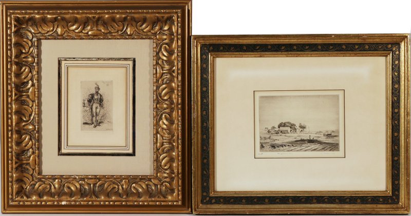 TWO ETCHINGS:: Eugene Delacroix (Fr. 1798-1863), Un homme d'arme du temps de francois, Imp. Delâtre, Paris, etching, plate: 4 ¼" x 2 ½"; and Stephen Csoka (American, 1897-1989), Long Island Farm, plate: 4 ½" x 6
