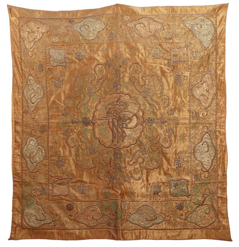 MIDDLE EASTERN SILK EMBROIDERY,: late 19th/early 20th Century, with raised gold thread decoration, h. 4' w. 3'10"