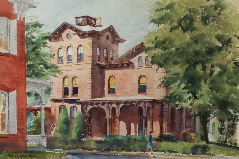 RANULPH (DE BAYEUX) BYE: (American, 1916-2003), Italianate residence, S.W. Corner of North Union street and Delaware Ave., Lambertville, NY, May 16, 1973, watercolor on paper, 14" x 21", signed lower left, titled on label on 