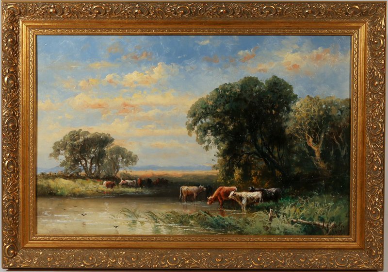 JAMES THORPE FLAHERTY: (American, 1836-1904), landscape with cows by a river, signed and dated 1887 lower right; 14" x 22"