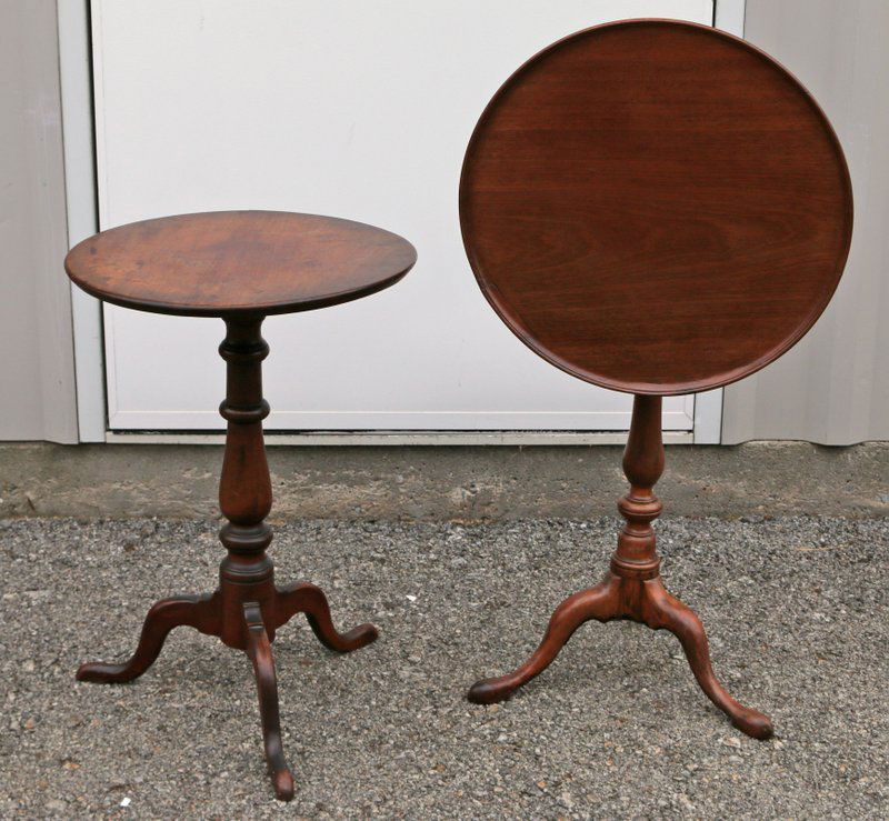 TWO TILT TOP TEA TABLES: one non-tilting w/ repaired top. h.28" dia. 20" and h. 27" dia. 19"