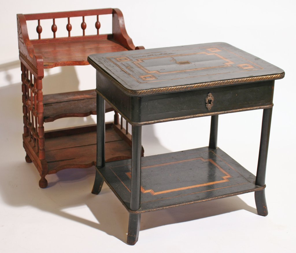 SMALL AESTHETIC PERIOD ÉTAGÈRE & SIDE TABLE,: both late 19th/early 20th Century, the 3-tier étagère painted red, H: 19"; the ebonized and inlaid side table with a lift-top revealing a beveled mirror interior, H: 16 ½" W: 17" D: 13"