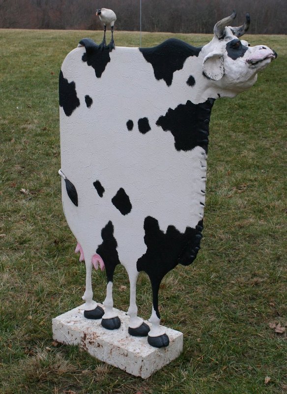 TODD J. WARNER (AMER. B. 1945) FREE STANDING: COW SCULPTURE, sgd. & d. 1990, H; 56" W: 37", with detachable bird.