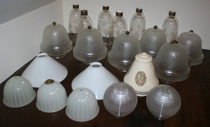 LARGE LOT OF GLASS LIGHT FIXTURE SHADES: 6: acorn-shaped etched glass shades (H: 9" opening diameter: 4") plus 6 Hurricane shades (10 1/2" opening: 1 3/4"); 2 conical milk glass shades (H: 5" opening: 2"); 3 smaller reeded clam-broth shades (H: