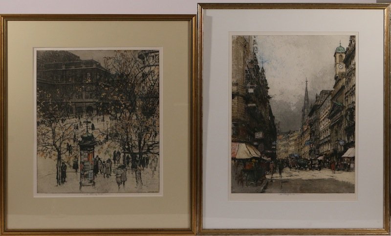 TWO LUIGI KASIMIR COLORED ETCHINGS,: including "Kaemtner St. Vienna", marked in the plate "Mai 1928", and signed in pencil, 21 1/4" x 16 1/4" (sight); plus an Austrian street scene, dated Oct. 1, 1922 in the plate, 18 1/2" x 15 3/4" (sig