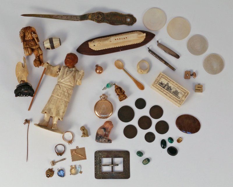 MISC. LOT OF JEWELRY AND BIBELOTS,: including 2 carved scarabs, a 14kyg setting, an 18kyg setting, 5 14kyg charms, 1 sterling belt buckle, 1 Alpaca inset abalone bracelet, 1 Waltham gold-plated pocket watch, 1 small ivory box, 2 stone m