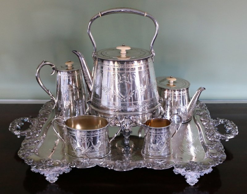 5 PCS. SILVER PLATE TEA & COFFEE SERVICE;: Kettle on stand (h. 15") tea pot, creamer, open sugar bowl w/ matching tray. Hot water h. 16" w. 11"