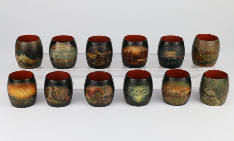 SET 12-RUSSIAN HAND PAINTED LACQUER NAPKIN RINGS,: MOSTLY MARINE, HUNTING; VILLAGE SCAPES, ALL SGD. & MOST DATED 1946, ALL MKD. ON VERSO: MADE IN SOVIET UNION, 4-W/CHIPS