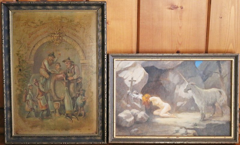 2 PAINTINGS;: one attributed to Franz Feliz, oil on artists board, 8" x 11 ½"; one brewery o/b, 12 ½" x 8 ½"