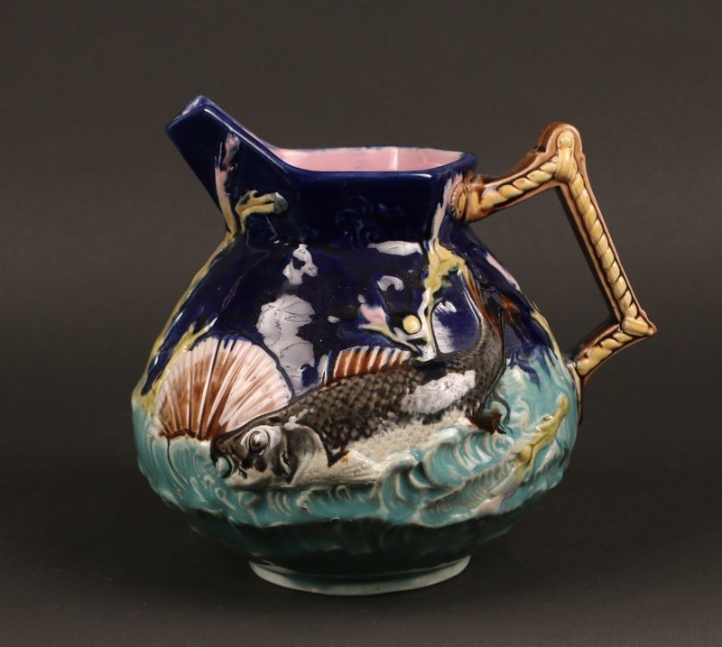 MAJOLICA "FISH ON WAVES" PITCHER, PROBABLY GEORGE JONES: or shorter & sons, w/registry mark, h. 7"