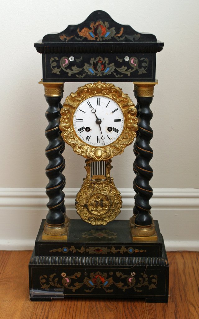 JAPY FRÈRES TWISTED COLUMN INLAID & EBONIZED: PORTICO CLOCK with enamel inlay and ormolu mounts. H: 19" W: 9 ½" D: 5 ½"