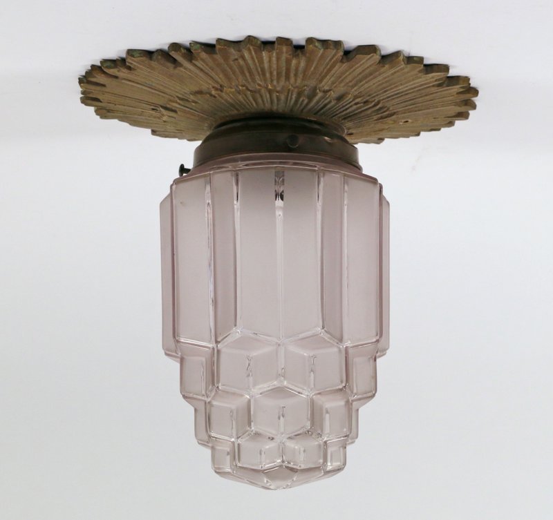 ART DECO BRASS "SKYSCRAPER" CEILING FIXTURE: h. 10 1/2" d. 10", w/sunburst ceiling plate