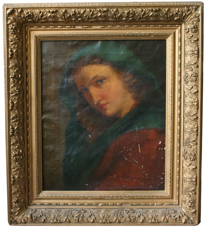 19TH C. CONTINENTAL SCHOOL, Portrait of a woman: with a shawl, oil on canvas, 17 1/2" x 14", in a period gilt composition frame.