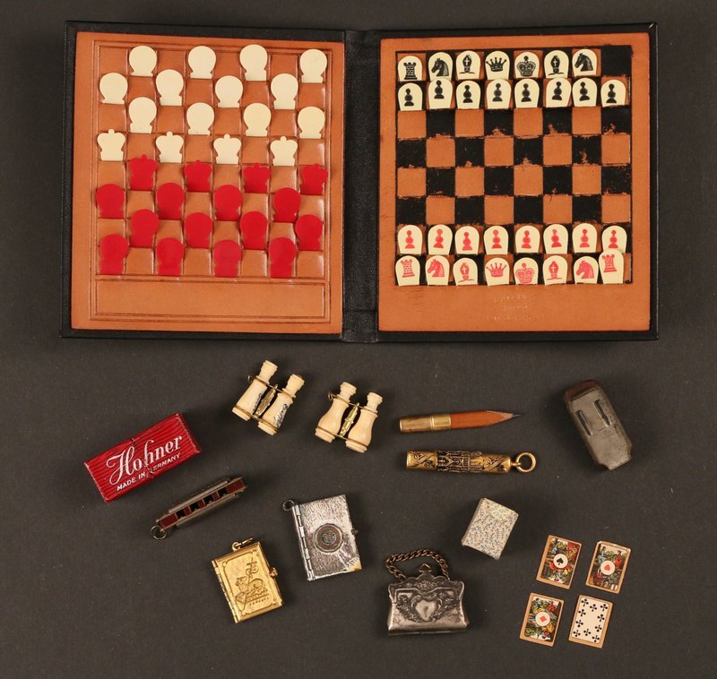 GROUP OF MINIATURES: DATE BOOKS,: BINOCULARS, PLAYING CARDS, ETC.