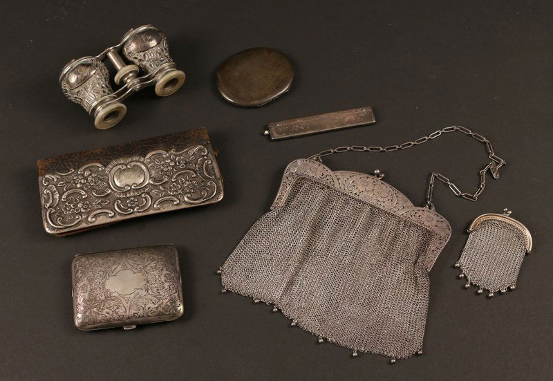 STERLING SILVER LADIES ACCESSORIES:: EVENING BAG; COMB CASE; WALLET W/STERLING SILVER SURROUND; OPERA GLASSES PLUS TRAVEL FRAME AND UNMARKED CHANGE PURSE